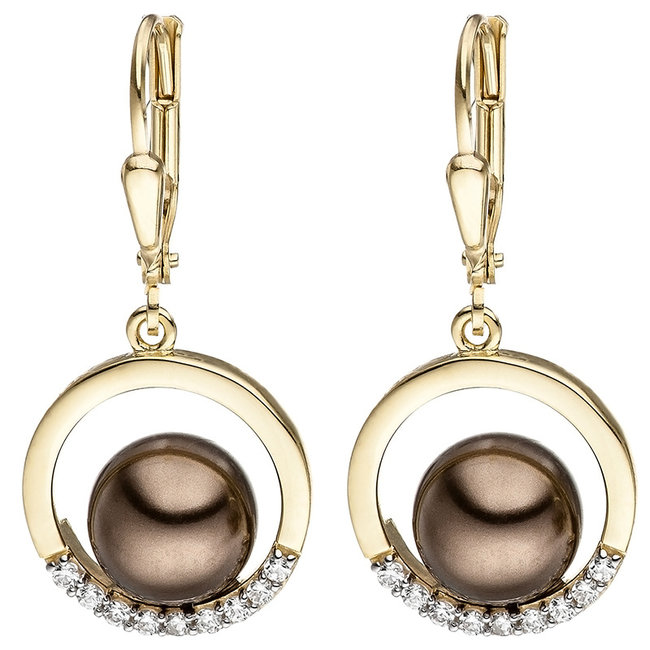 Aurora Patina Golden earrings with brown crystal pearl and zirconia