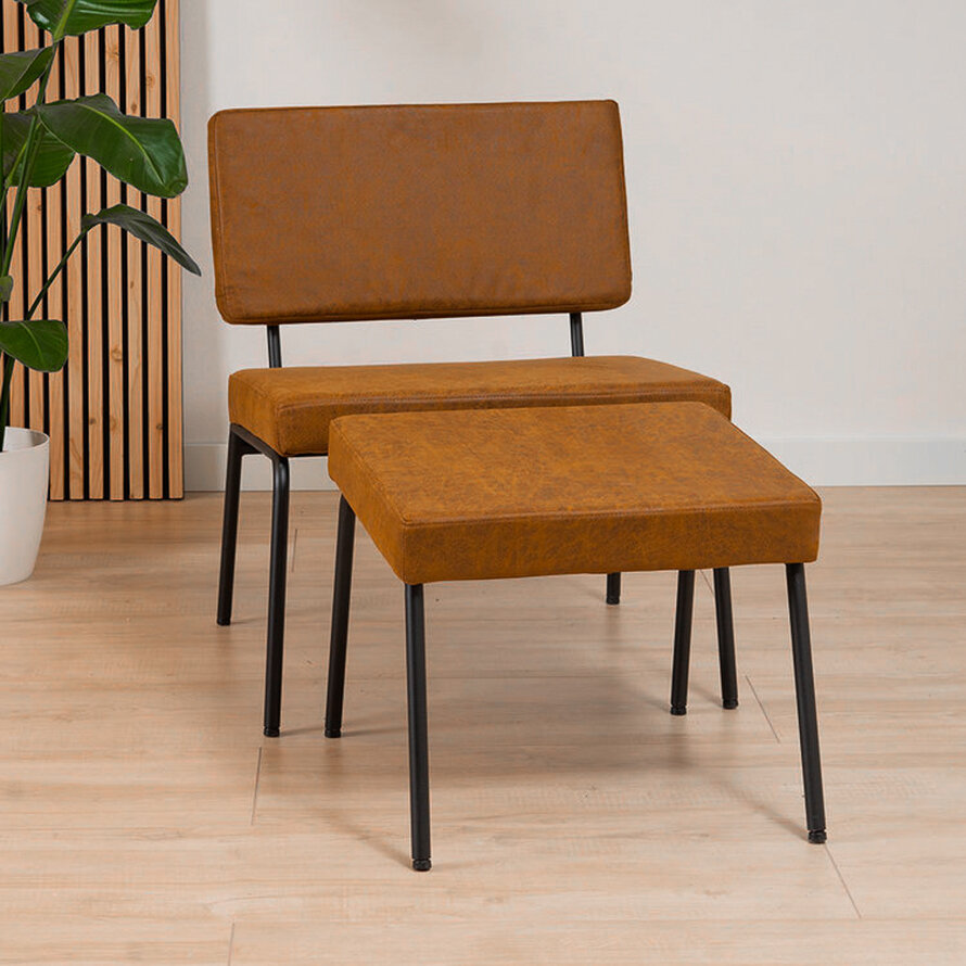 Fauteuil met hocker Espen cognac eco-leer
