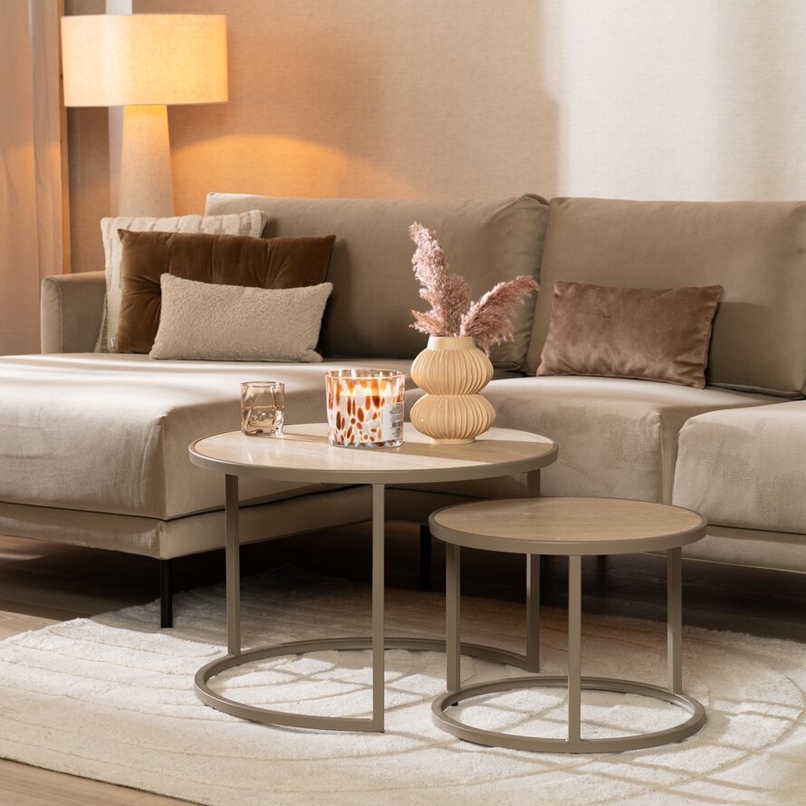 Salontafel Sef rond set van 2 taupe/travertin