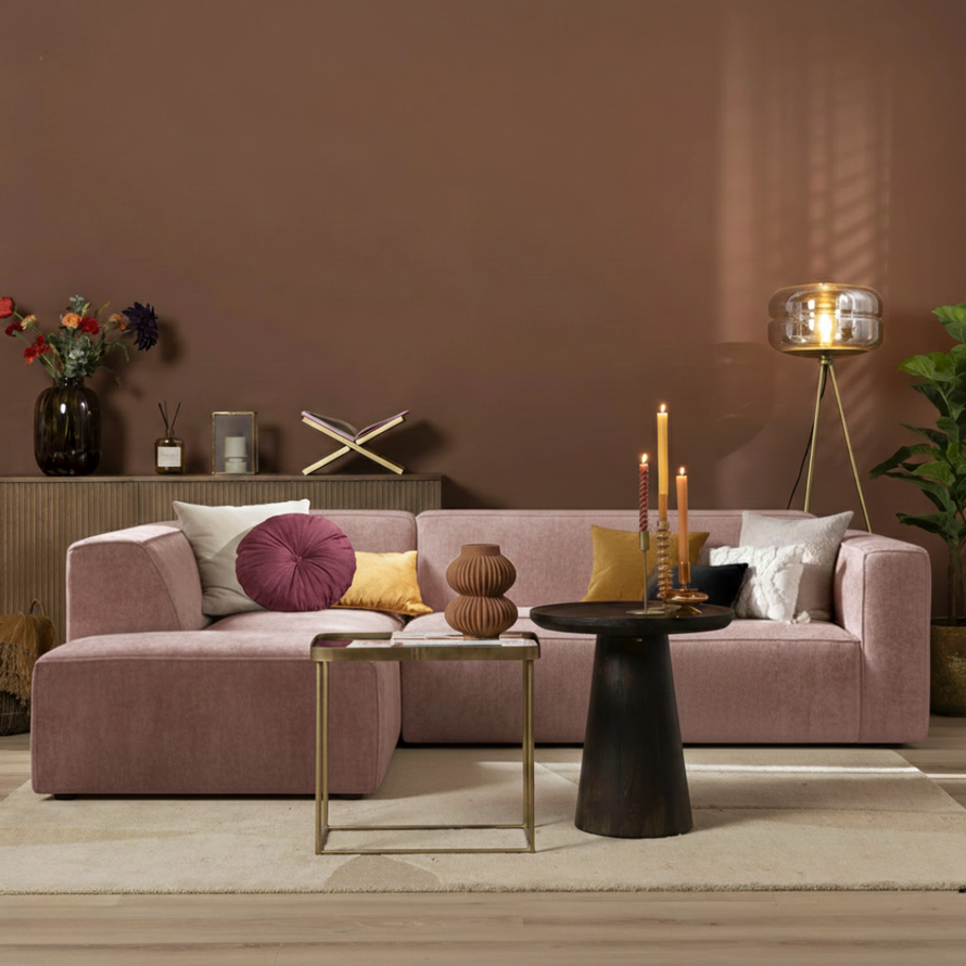 Hoekbank links Memphis roze chenille stof