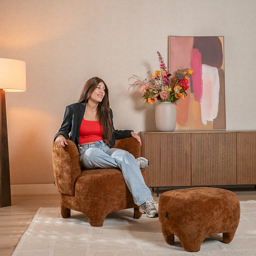 Fauteuil met hocker Emma velvet oker