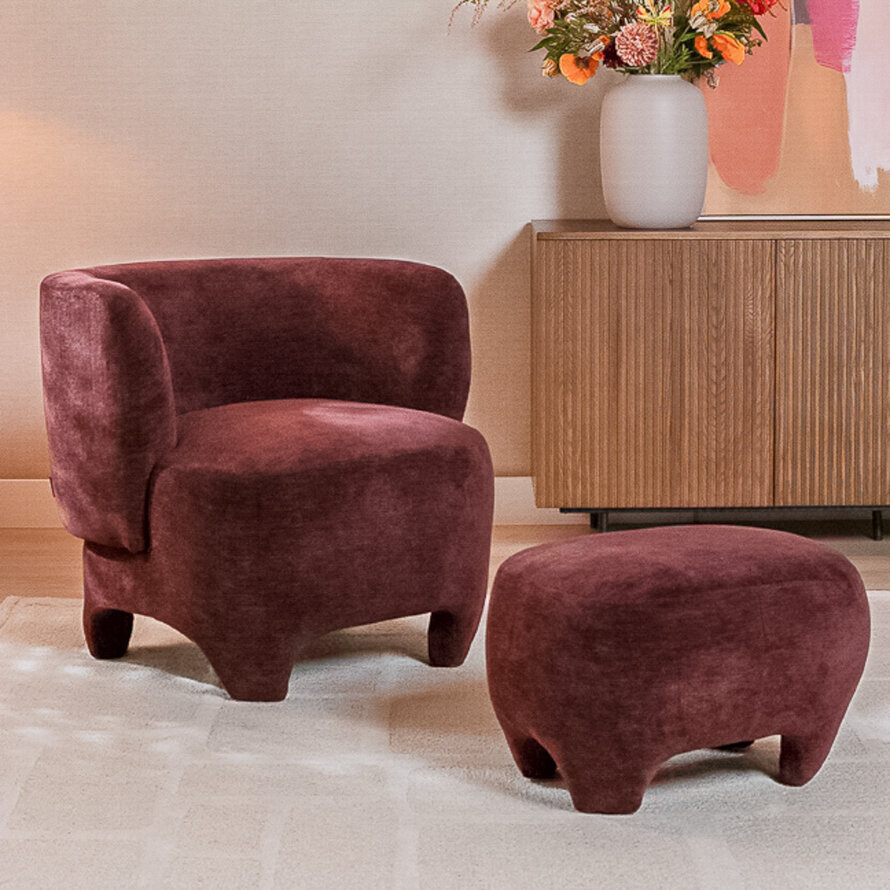 Fauteuil met hocker Emma velvet paars