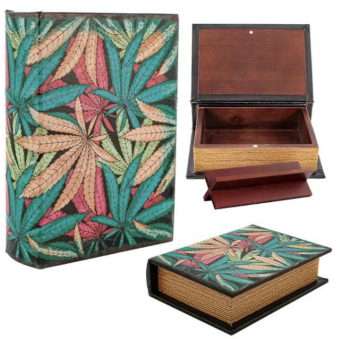 Buch Versteck Holzbox Leaves