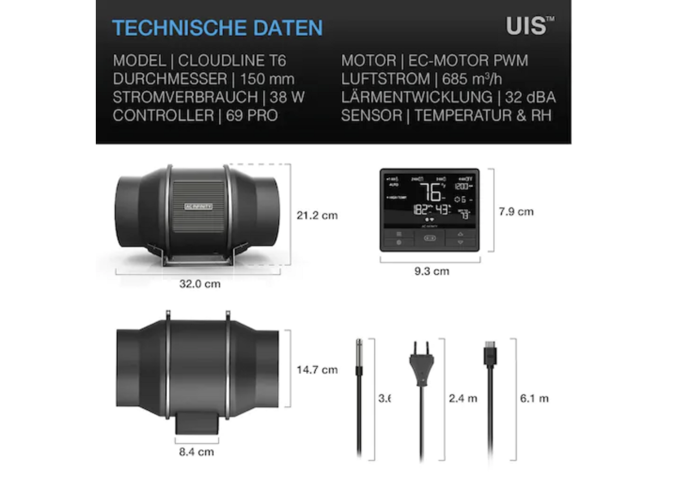 AC Infinity AC Infinity Cloudline PRO T6, leises Inline-Lüftersystem mit Temperatur- und Feuchtigkeitssteuerung, 150 mm