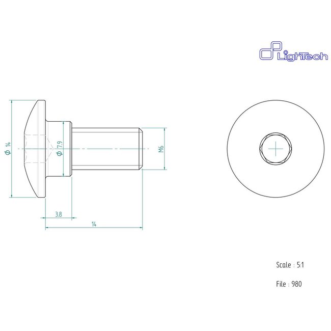 LIGHTECH schroef M6 X 14 Type 980 zilver Ergal per eenheid 980SIL