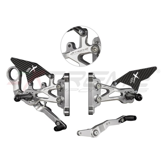 Extreme Components GP EVO rear sets kit for BMW S1000RR / M1000RR (2019/2022)(standard and reverse shifting) with carbon fiber heel guard (silver)