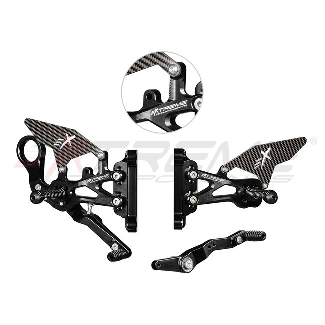 Extreme Components GP EVO rear sets kit for BMW S1000RR / M1000RR (2019/2022)(standard and reverse shifting) with carbon fiber heel guard (black)