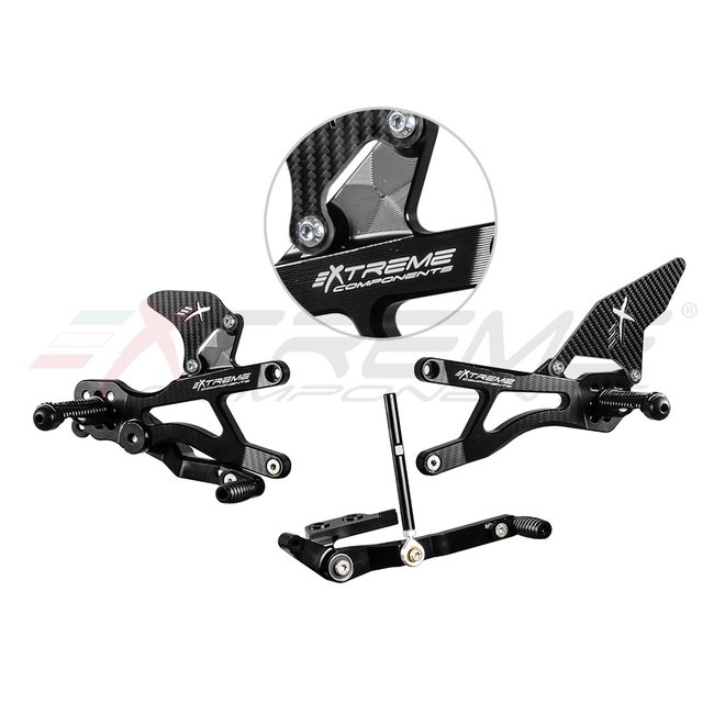 Extreme Components GP EVO rear sets kit for Yamaha R6 (2006/2022) (standard and reverse shifting) with carbon fiber heel guard (black)