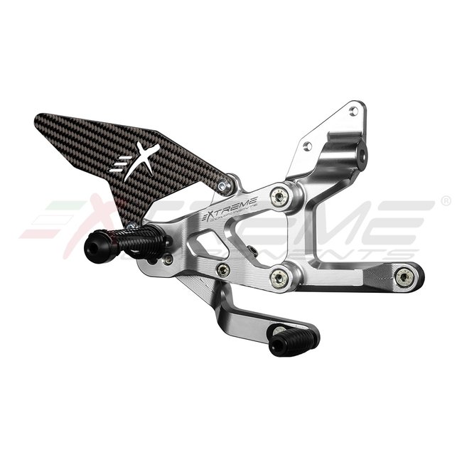 Extreme Components GP EVO rear sets kit for Ducati Panigale V4 / V4S / V4R e Streetfighter V4/ V4S (2018/2022) (standard and reverse shifting) with carbon fiber heel guard (silver)