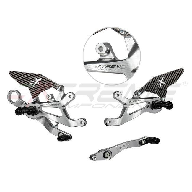 Extreme Components GP EVO rear sets kit for BMW S1000RR (2015/2018) (standard and reverse shifting) with carbon fiber heel guard (silver)