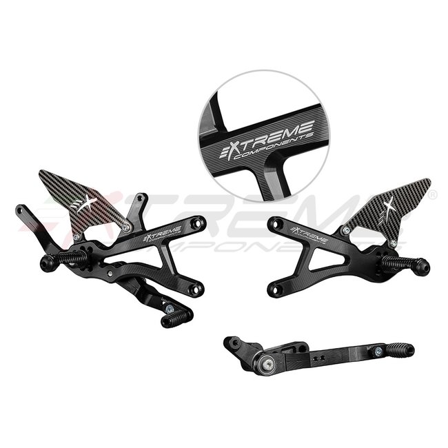 Extreme Components GP EVO rear sets kit for Yamaha R1 (2020/2022) (standard and reverse shifting) with carbon fiber heel guard (black)(for Akrapovic Racing full system)