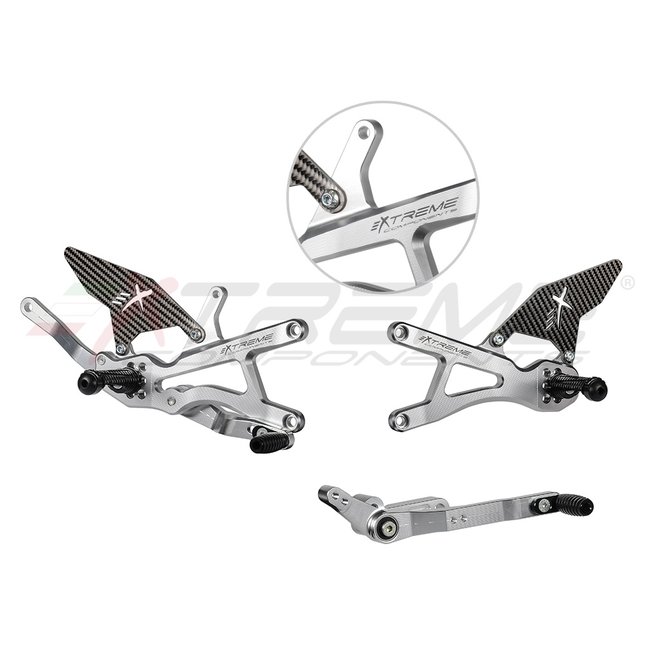 Extreme Components GP EVO rear sets kit for Yamaha R1 (2020/2022) (standard and reverse shifting) with carbon fiber heel guard (silver)(for Akrapovic Racing full system)