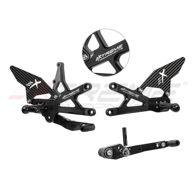 Extreme Components GP EVO rear sets kit for Suzuki GSXR 1000 (2017/2022) (standard and reverse shifting) with carbon fiber heel guard (black) (shift rod for standard shifting, no quickshifter)