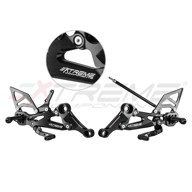 Extreme Components GP EVO rear sets kit for Aprilia RS660 / Tuono 660 (2020/2022) (standard and reverse shifting) with aluminium heel guard (black)