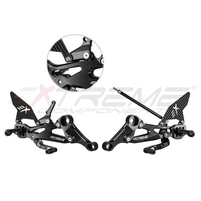 Extreme Components GP EVO rear sets kit for Aprilia RS660 / Tuono 660 (2020/2022) (standard and reverse shifting) with carbon fiber heel guard (black)