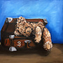 Olieverf schilderij- 80x80 cm -Rick Triest -Sir Bobby de teddybeer -  ''Classic Sir. Bobby want to travel''