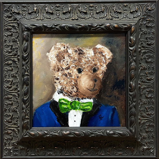 Olieverf schilderij- 20x20 cm -Rick Triest -Sir Bobby de teddybeer -  ''Classic Sir. Bobby portret met strik''