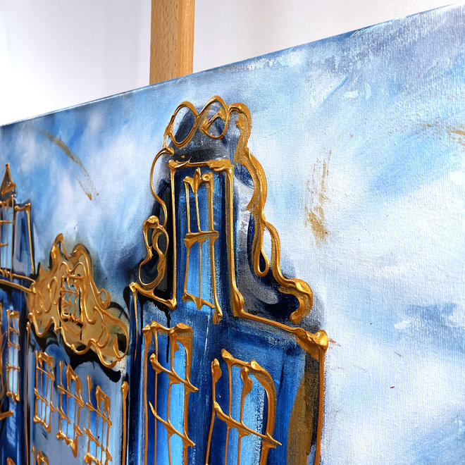 Schilderij- 100x150cm -Rick Triest -  Amsterdam in blue & Gold