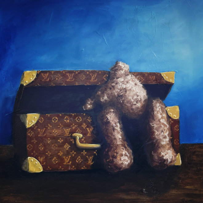 Oil painting - Rick Triest - 80x80 cm - Sir Bobby the Teddybear - Classic Sir Bobby's bum in Louis Vuitton trunk