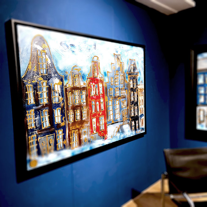Schilderij- 100x150cm -Rick Triest - Amsterdam Herengracht  - Red & Gold