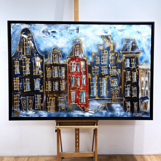 Schilderij -100x150cm - Amsterdam Herengracht -Red & Gold