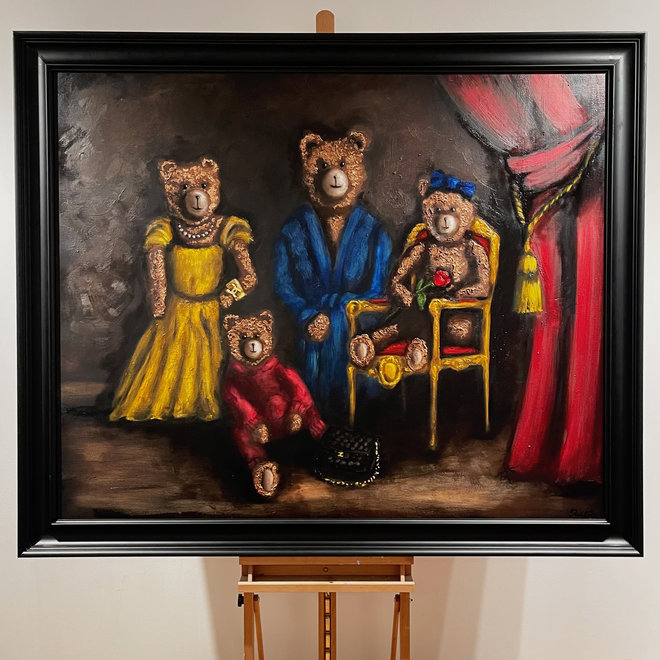 Schilderij - Master Series - 120x150 cm -Rick Triest -Sir Bobby de teddybeer - '' Familie portret Lady & Sir Bobby met Junior Bobby's ''