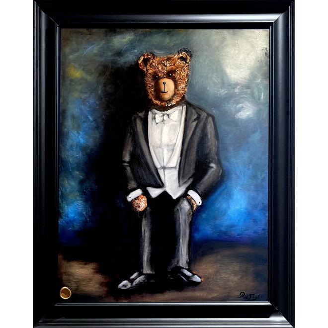 Oil painting - Rick Triest - 80x100 cm - Sir Bobby the Teddybear - Sir Bobby in white tie