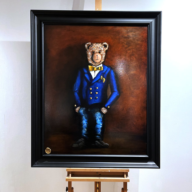 Oil painting - Rick Triest - 80x100 cm - Sir Bobby the Teddybear - Sir Bobby in Ralph Lauren Navy diner jacket