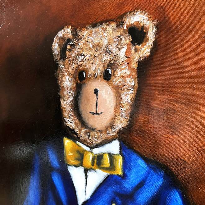 Oil painting - Rick Triest - 80x100 cm - Sir Bobby the Teddybear - Sir Bobby in Ralph Lauren Navy diner jacket