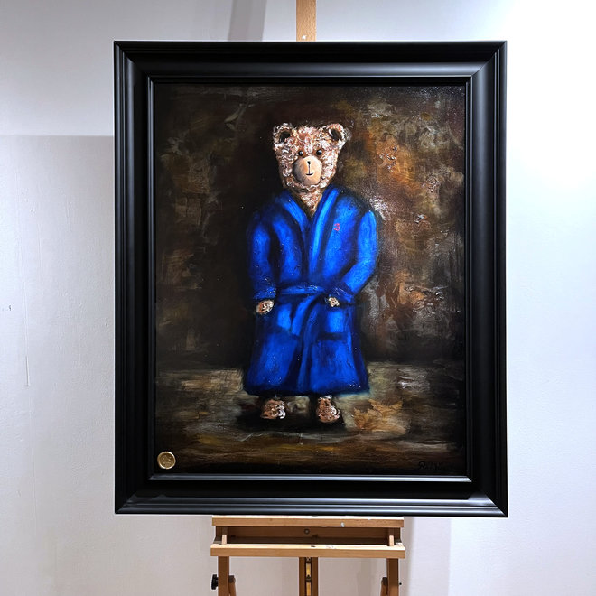 Oil painting - Rick Triest - 80x100 cm - Sir Bobby the Teddybear - Sir Bobby in Bathrobe - Lapiz Lazulli