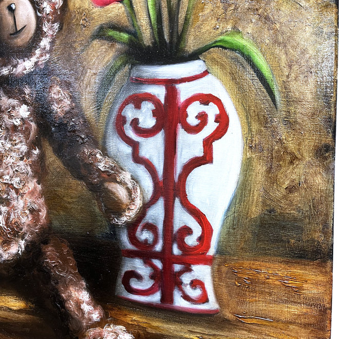 Oil painting - Rick Triest - 80x80 cm - Sir Bobby the Teddybear - Classic Sir Bobby's with tulips in Hermes Vase