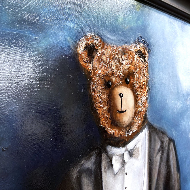 Oil painting - Rick Triest - 80x100 cm - Sir Bobby the Teddybear - Sir Bobby in white tie