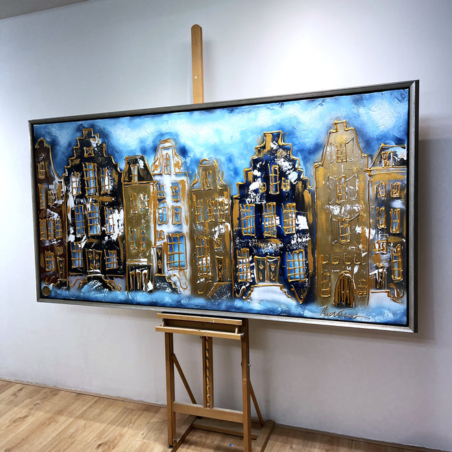 Schilderij - Rick Triest - 100x200 cm -Amsterdam serie - Impasto Sapphire blue & Gold