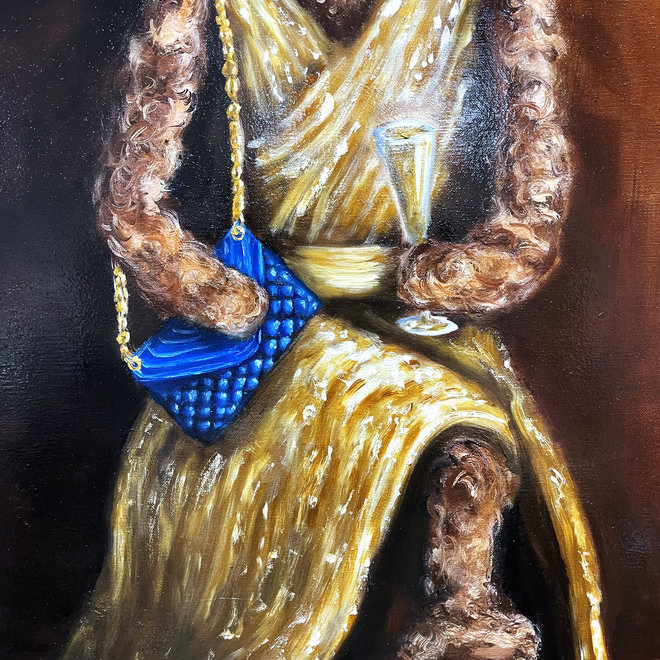 Oil Painting - Rick Triest - 80x100 cm - Sir Bobby the Teddybear- Lady Bobby in Golden Couture dress and YSL bag