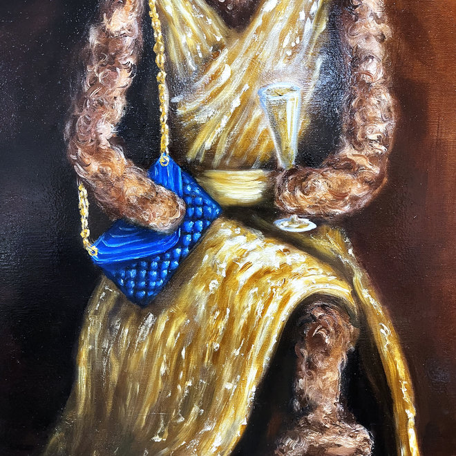Painting - Rick Triest - 80x100 cm - Sir Bobby the Teddybear -   ‘’Lady Bobby in Golden Couture dress and YSL bag'’
