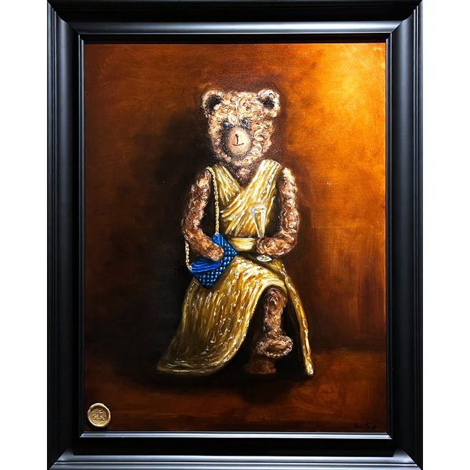 Olieverf schilderij - Lady Bobby in Golden Couture dress and YSL bag