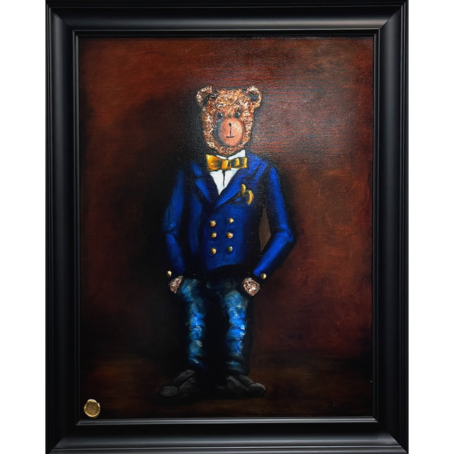 Oil painting - Rick Triest - 80x100 cm - Sir Bobby the Teddybear - Sir Bobby in Ralph Lauren Navy diner jacket