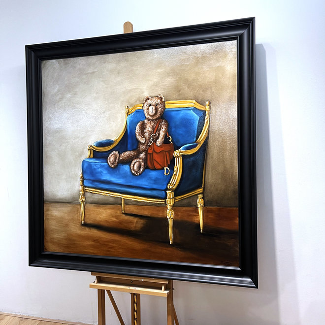 Master Series -Oil Painting - Rick Triest - 120x120  cm  - Lady Bobby in Louis XVI Sofa with the Dior saddle bag