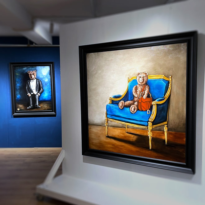 Master Series -Oil Painting - Rick Triest - 120x120  cm  - Lady Bobby in Louis XVI Sofa with the Dior saddle bag