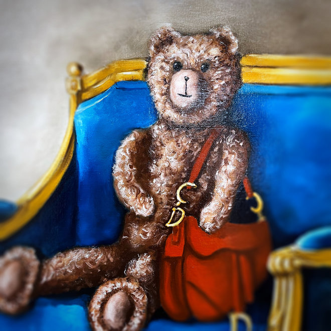 Painting - Rick Triest - 120x120  cm - ''Lady Bobby in Louis XVI Sofa with the Dior saddle bag''