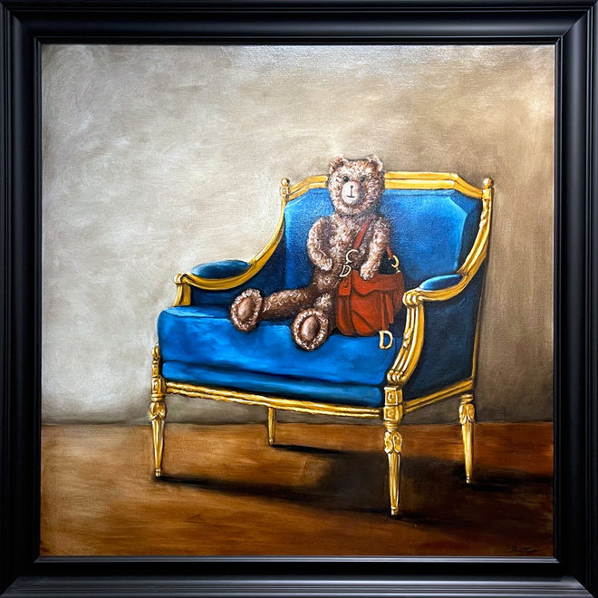 Master Series -Oil Painting - Rick Triest - 120x120  cm  - Lady Bobby in Louis XVI Sofa with the Dior saddle bag