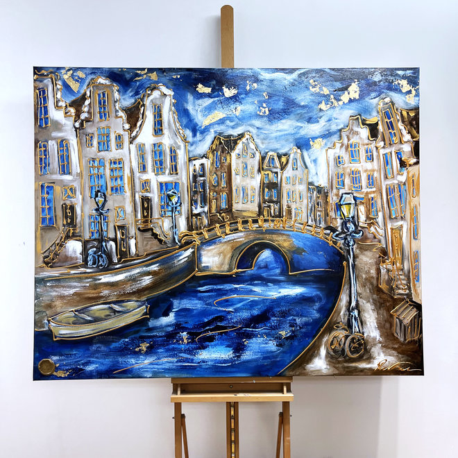 Schilderij- 120x150cm - Amsterdam Herengracht -Blue & Gold #126