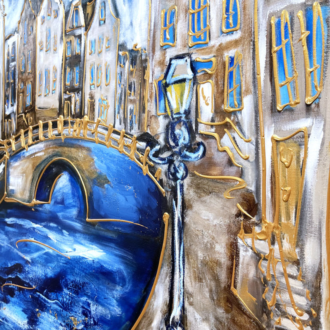 Schilderij- 120x150cm -Rick Triest - Amsterdam Herengracht -Blue & Gold #126