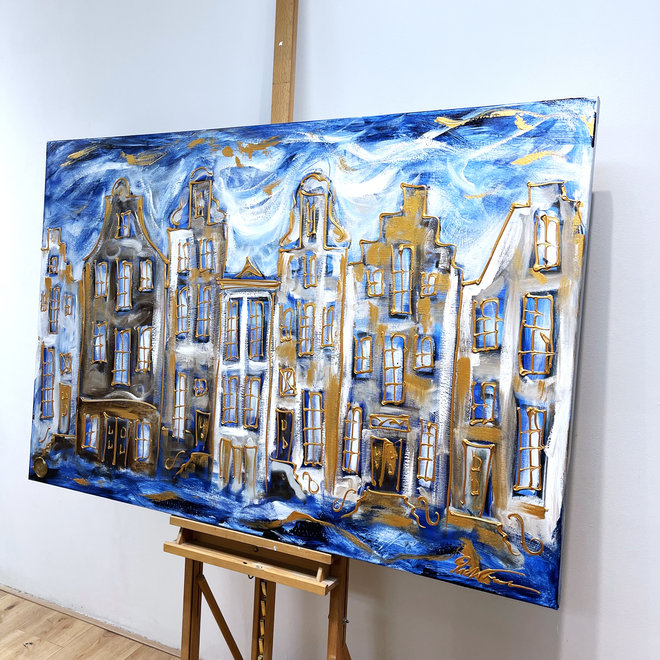 Schilderij- 100x150cm -Rick Triest - Amsterdam Herengracht -Blue & Gold #87