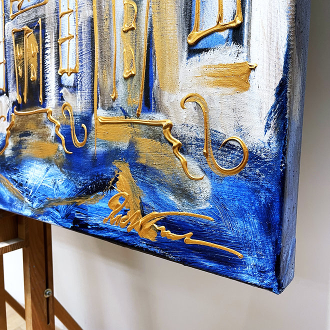 Schilderij- 100x150cm -Rick Triest - Amsterdam Herengracht -Blue & Gold #87