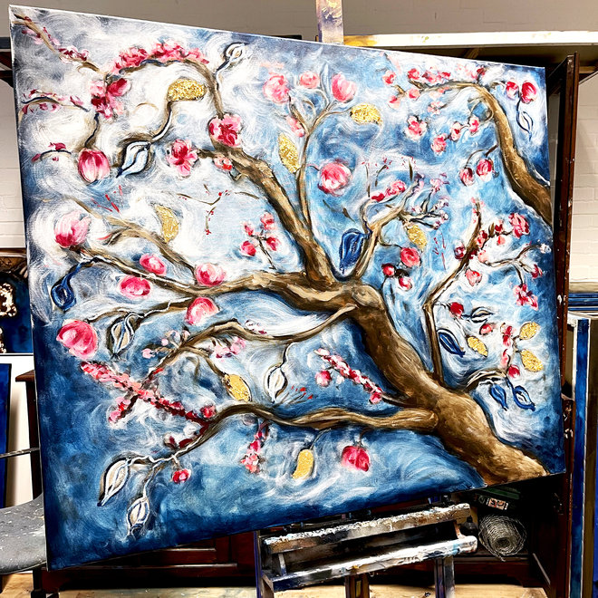 Schilderij- 100x120 cm -Rick Triest - Almond Blossom - Prussian Blue & Gold #1