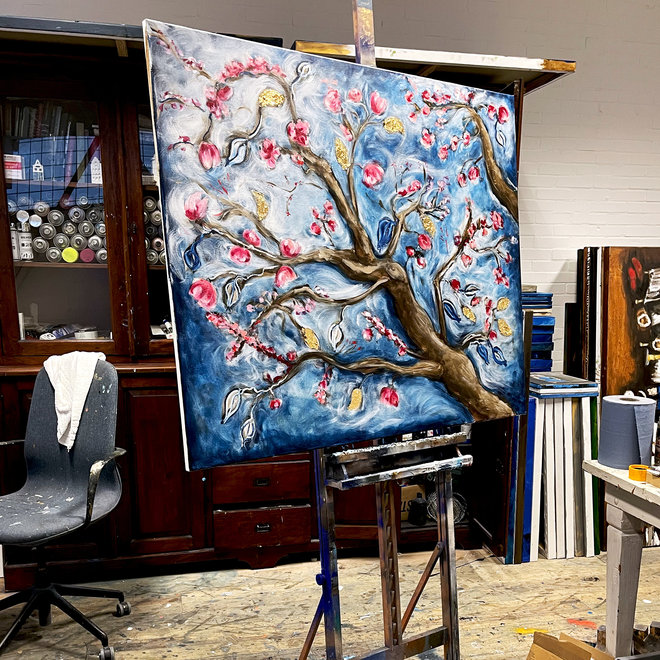 Schilderij- 100x120 cm -Rick Triest - Almond Blossom - Prussian Blue & Gold #1