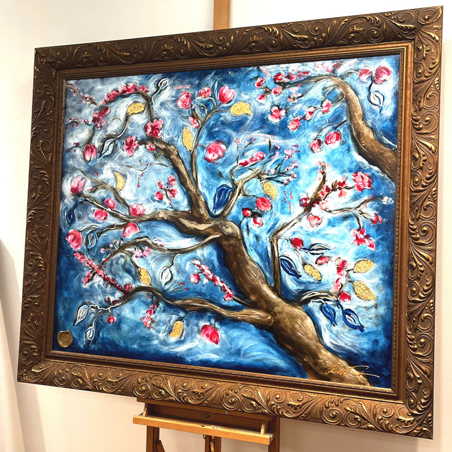 Schilderij- 100x120 cm -Rick Triest - Amandelbloesem - Prussian Blue & Gold #1