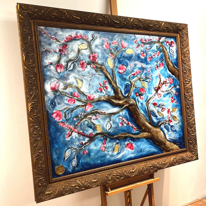 Schilderij- 100x120 cm -Rick Triest - Almond Blossom - Prussian Blue & Gold #1