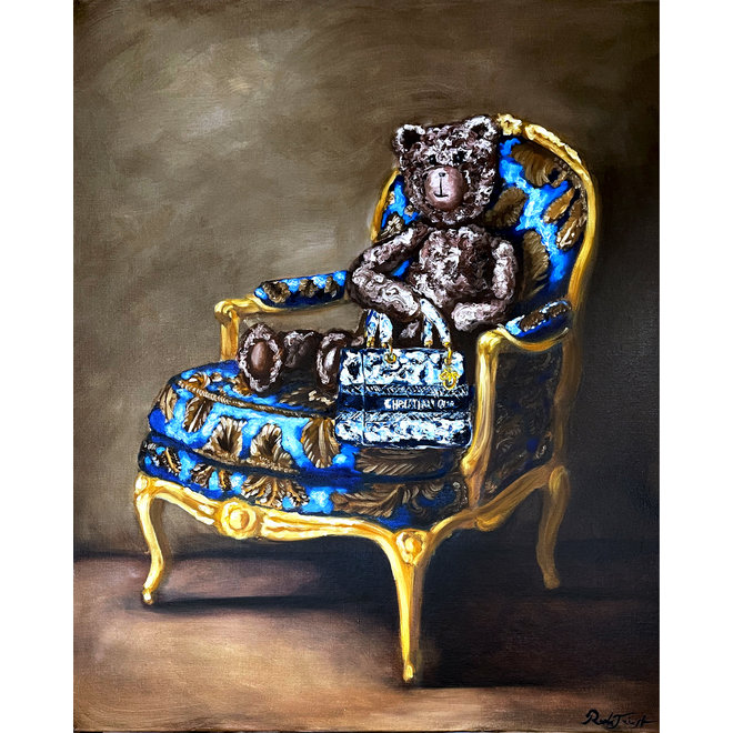 Oil Painting - Rick Triest - 80x100 cm - Lady Bobby in louis XVI chair with Lady D-lite Dior bag Toile de Jouy